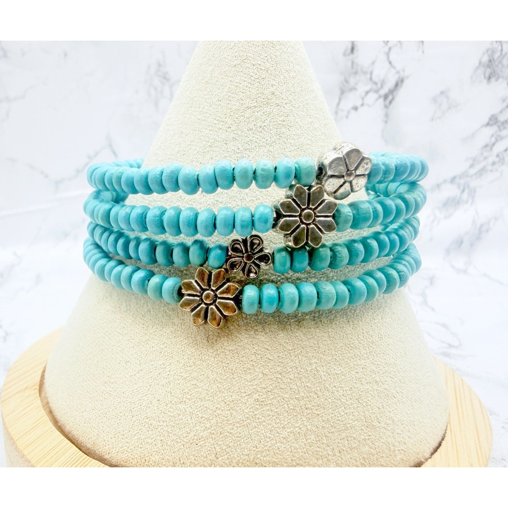 Turquoise Blue Glass Bead Memory Wire Wrap Bracelet Silver Flower Charms